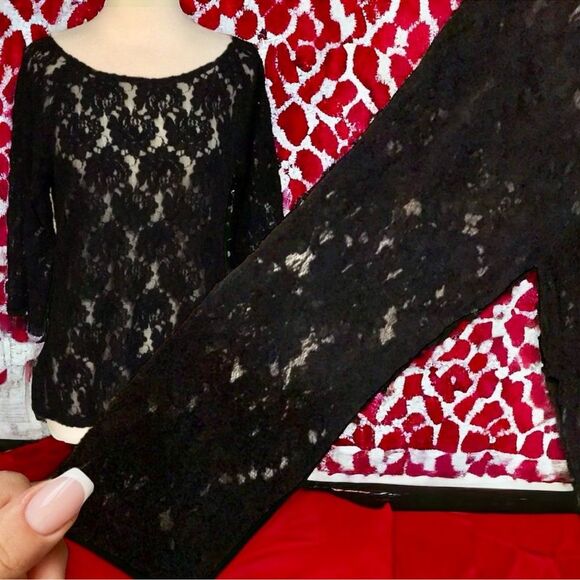 Joe Fresh Black Floral Lace Sheer Layering Top - Size Medium EUC Girly Boho - Picture 5 of 16